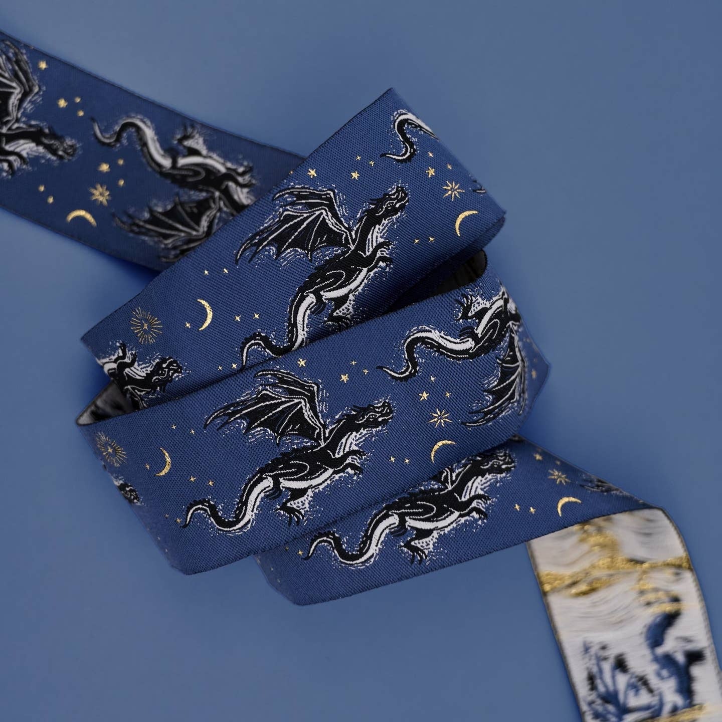 Renaissance Ribbons - Fire Glow by Sarah Watts - Etched Dragons on Blue - 1-1/2" Ribbon - By The Yard