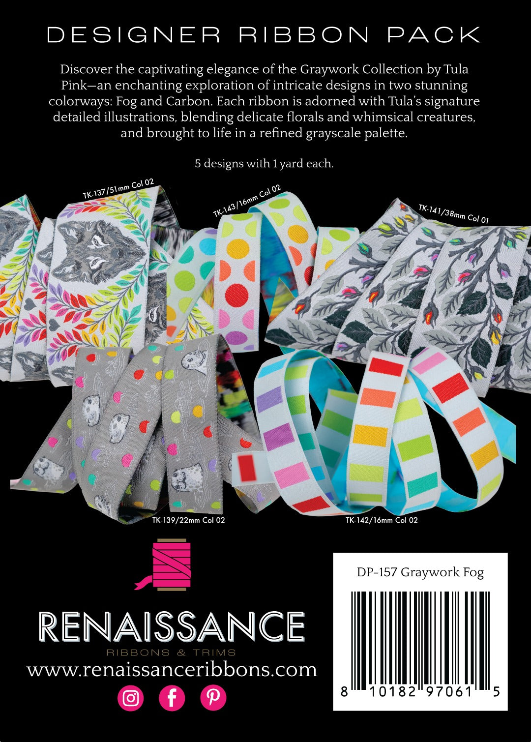 Renaissance Ribbons Tula Pink Graywork Fog Ribbon Designer Pack