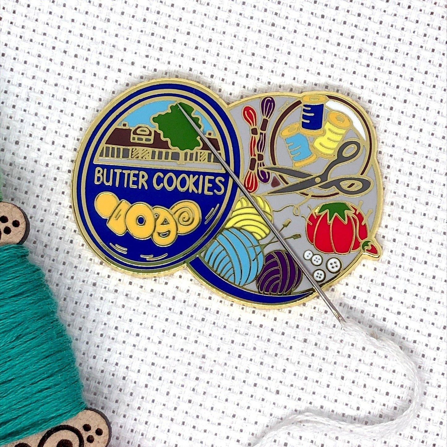 Cookie Tin Full of Sewing Notions Hard Enamel Magnetic Needle Minder - Choose Metal Color!