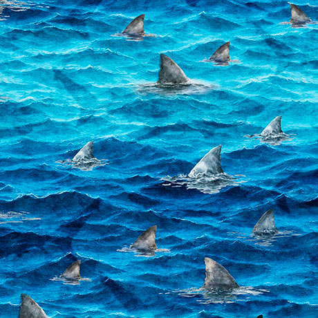 QT Fabrics - In to the Deep - Water Ocean Shark Fins - 2600 32222 B
