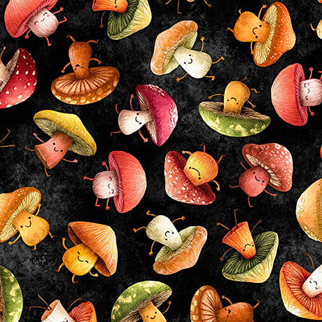 QT Fabrics - QT Foodies - Vegetables Cartoon Mushrooms With Faces on Black - 2600 32228 J