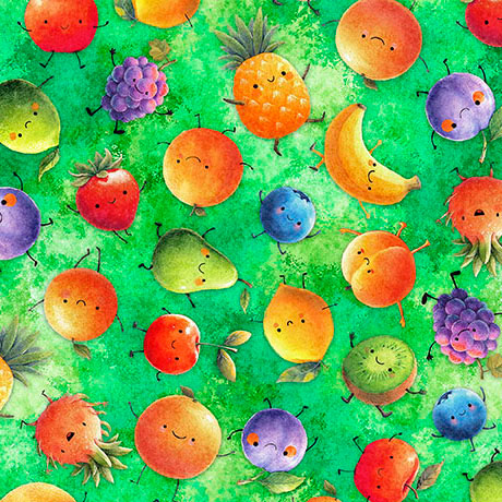 QT Fabrics - QT Foodies - Cartoon Mixed Fruit With Faces on Green - 2600 32229 H