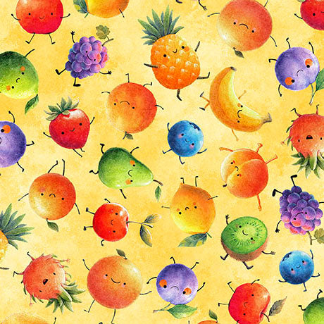 QT Fabrics - QT Foodies - Cartoon Mixed Fruit With Faces on Yellow - 2600 32229 S