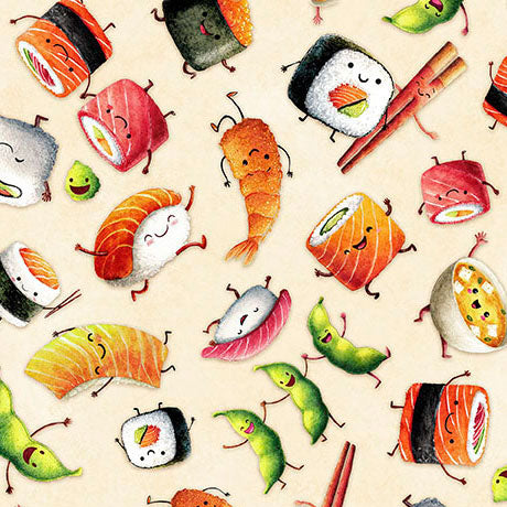 QT Fabrics - QT Foodies - Cartoon Sushi With Faces on Tan - 2600 32230 E