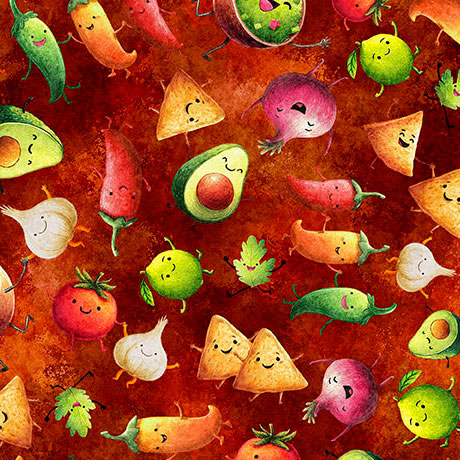QT Fabrics - QT Foodies - Rock the Guac Cartoon Avocado Guacamole With Faces on Red - 2600 32231 R