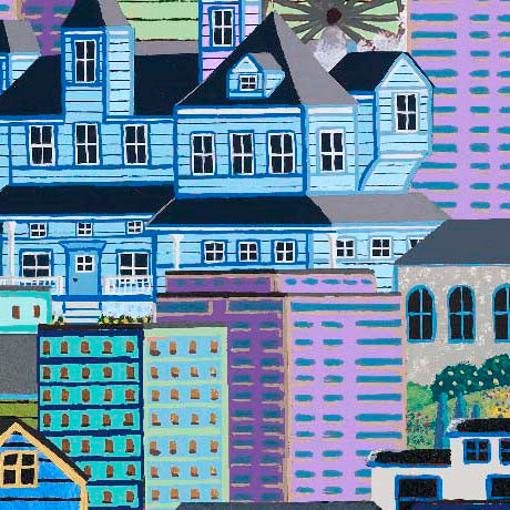 QT Fabrics - Balloonfest - Buildings Blue / Purple - 2600 32291 B
