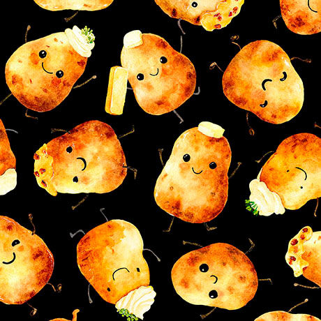 QT Fabrics - QT Foodies - Vegetables Cartoon Potatoes With Faces on Black - 2600 32295 J