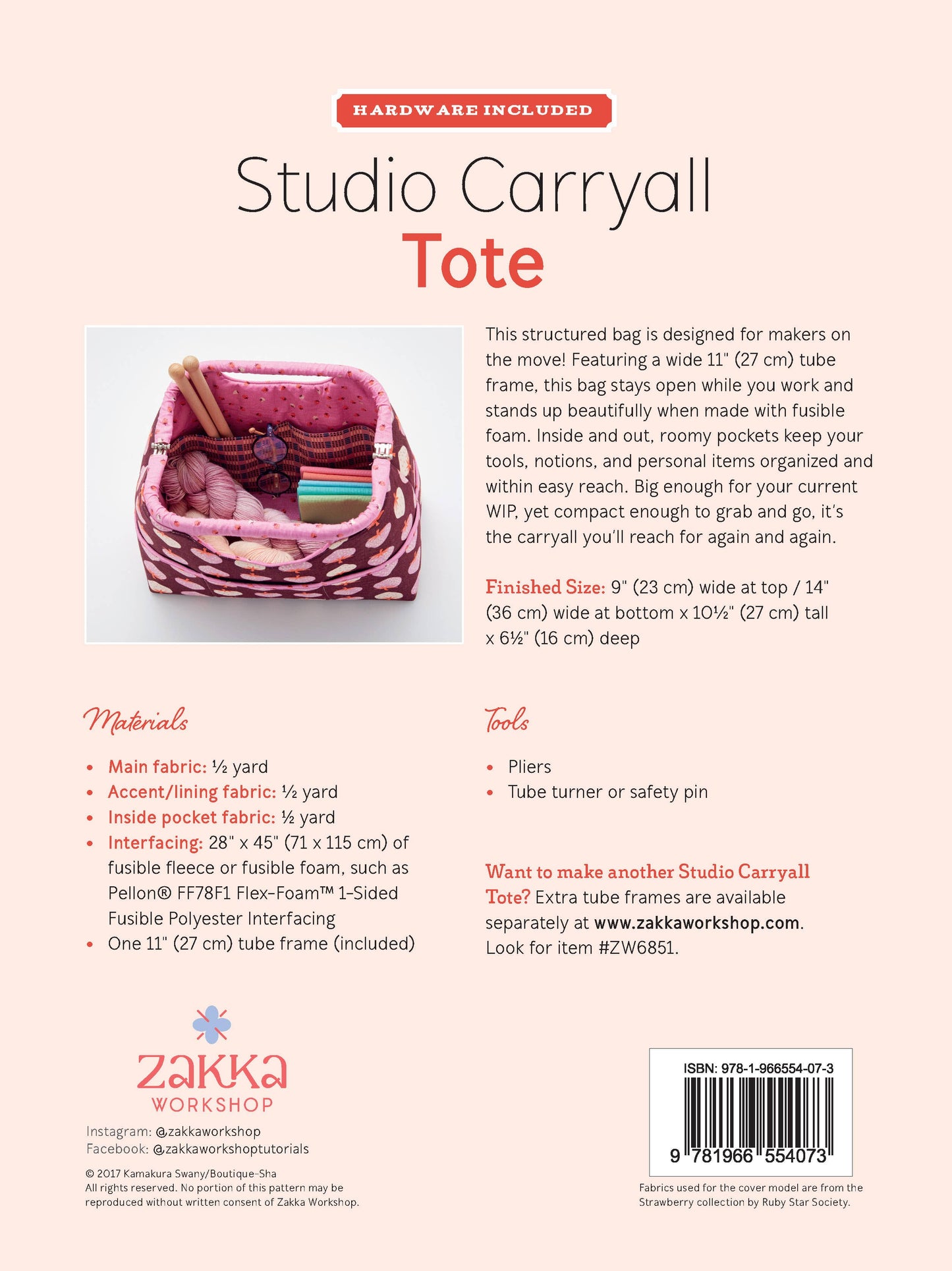 Zakka Workshop Studio Carryall Tote Bag Pattern And Tube Frame Kit