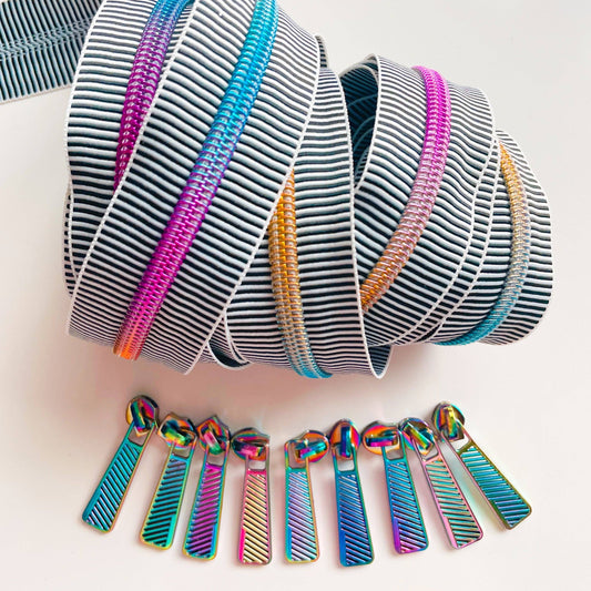 Sew Hungry Hippie Black And White Tiny Stripe & Rainbow Zipper