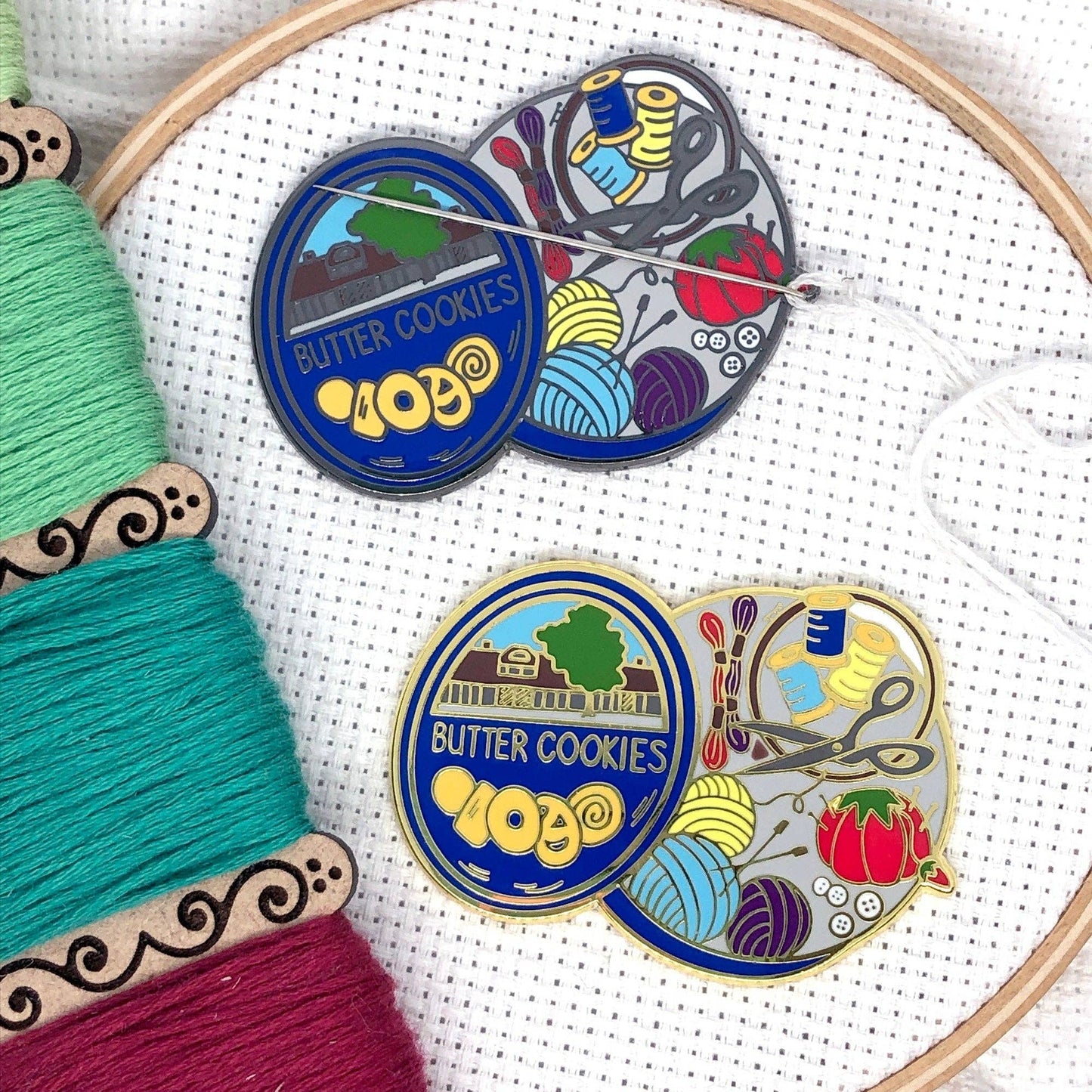 Cookie Tin Full of Sewing Notions Hard Enamel Magnetic Needle Minder - Choose Metal Color!