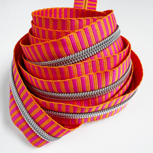 Sew Hungry Hippie Pink & Orange Striped Jacquard Woven Zipper Tape #5 3 Yard Pre-Cut