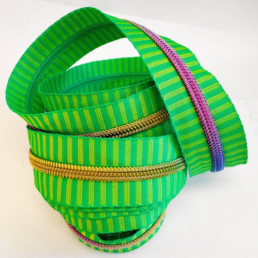 Sew Hungry Hippie Green Jacquard Nylon Zipper #5 - 3 Yards, Rainbow Teeth