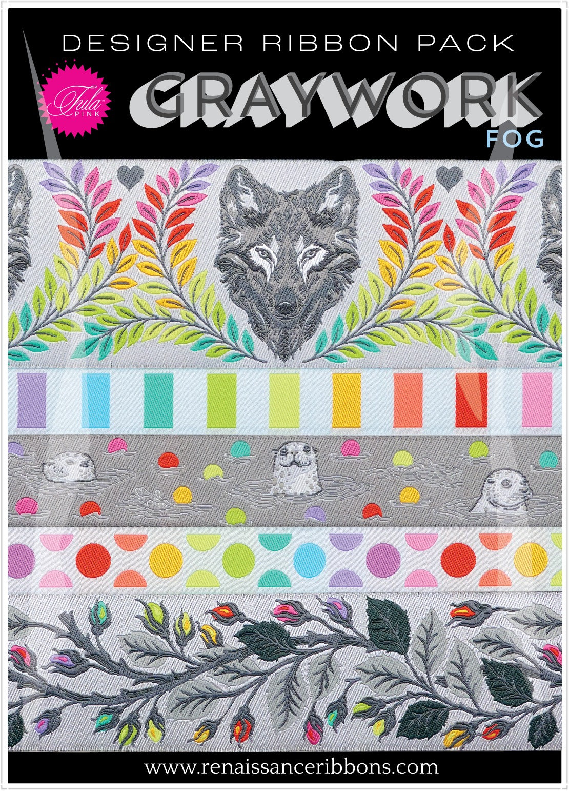 Renaissance Ribbons Tula Pink Graywork Fog Ribbon Designer Pack