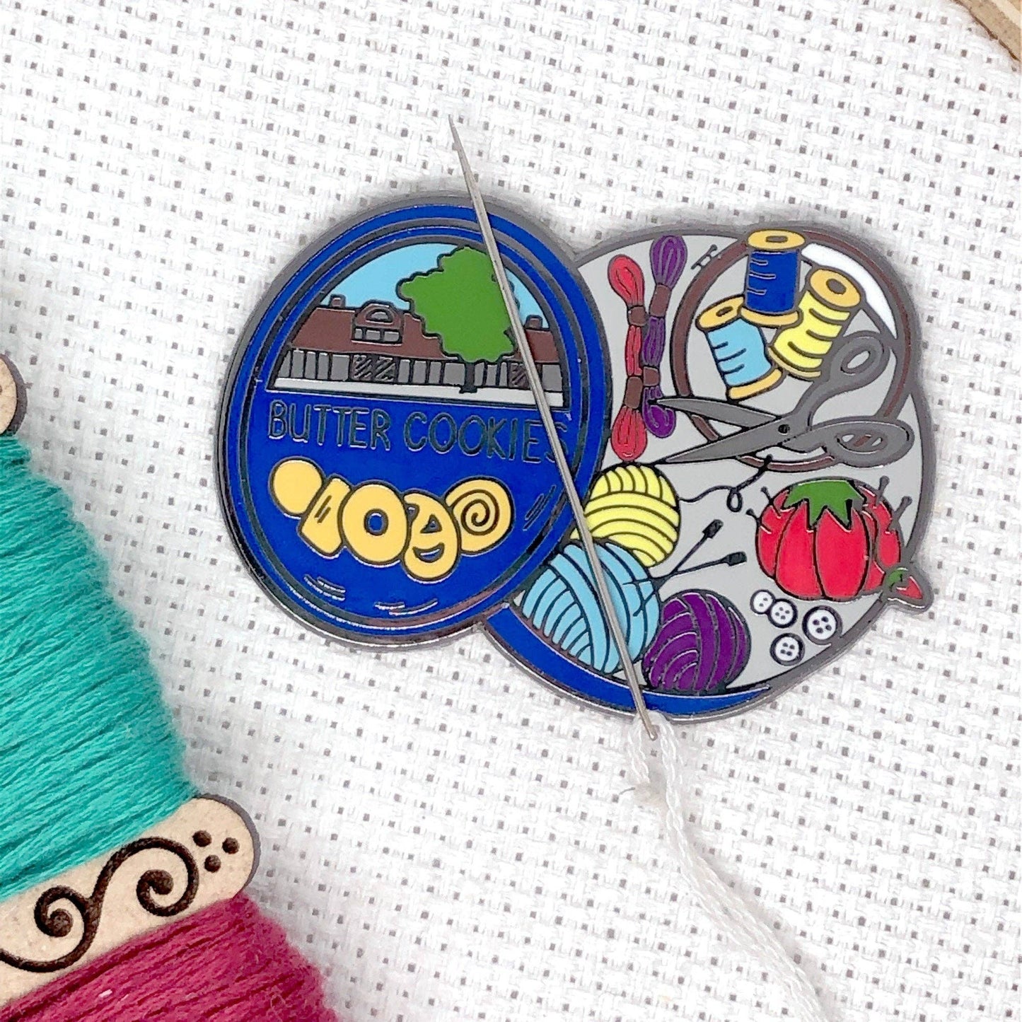 Cookie Tin Full of Sewing Notions Hard Enamel Magnetic Needle Minder - Choose Metal Color!