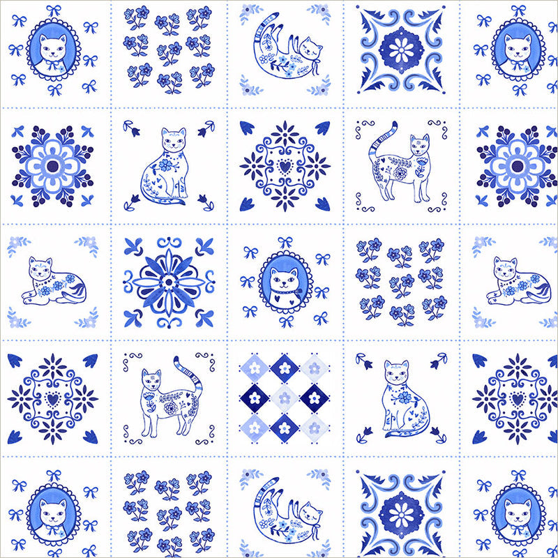 PREORDER - Windham - Whistler Studios - Chateau Meow - Cats Tiny Tiles - 55342-1 White/Blue - Ships August 2026