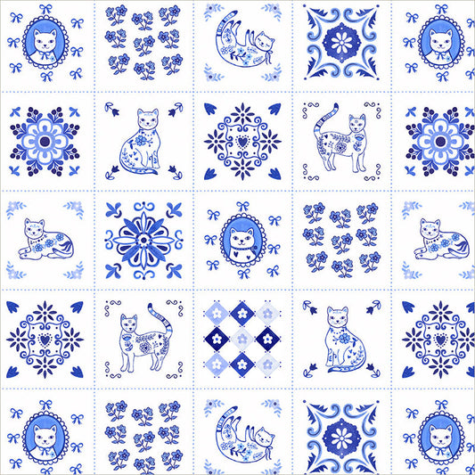 PREORDER - Windham - Whistler Studios - Chateau Meow - Cats Tiny Tiles - 55342-1 White/Blue - Ships August 2026