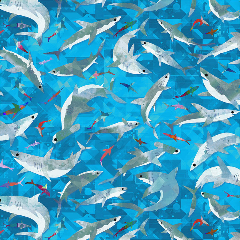PREORDER - Windham - Gareth Lucas - Animal Kingdom - Stealthy Sharks on Blue - 55462D-7 Cyan - Ships September 2026