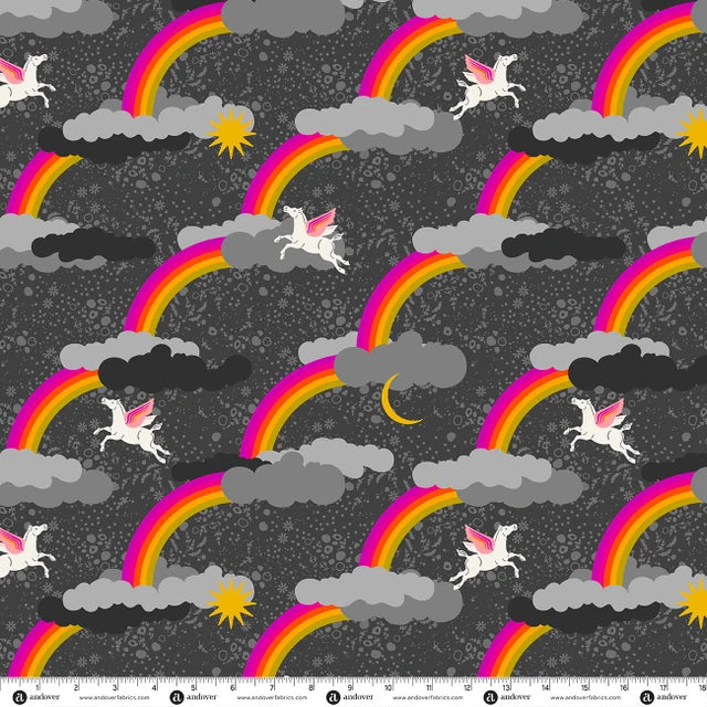 PREORDER - Andover - Alison Glass - Menagerie - Pegasus Rainbows on Black - A-10624-C - Ships November 2026