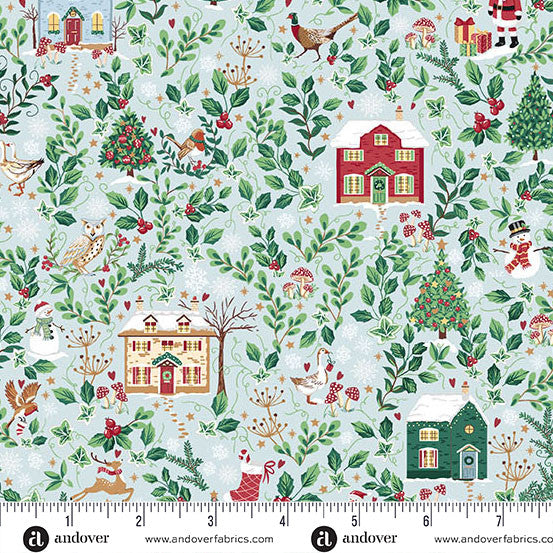 Andover - Makower UK - Country Christmas - Winter Cottages on Light Blue - MU-240-B