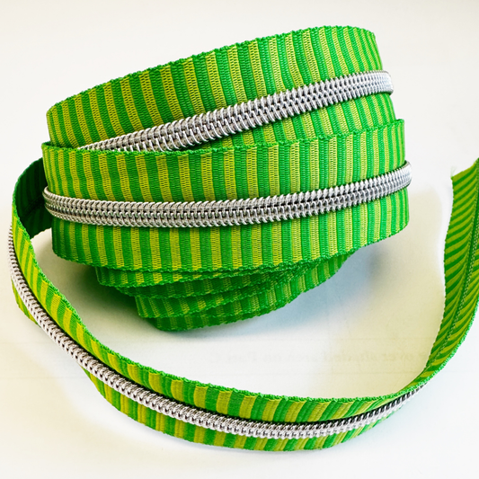 Sew Hungry Hippie - Green Striped Jacquard #5 Nylon Zipper 3 Yards, Silver Teeth