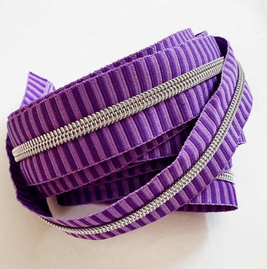 Sew Hungry Hippie Purple Striped Jacquard Zipper Tape #5 Silver Teeth 3 Yards