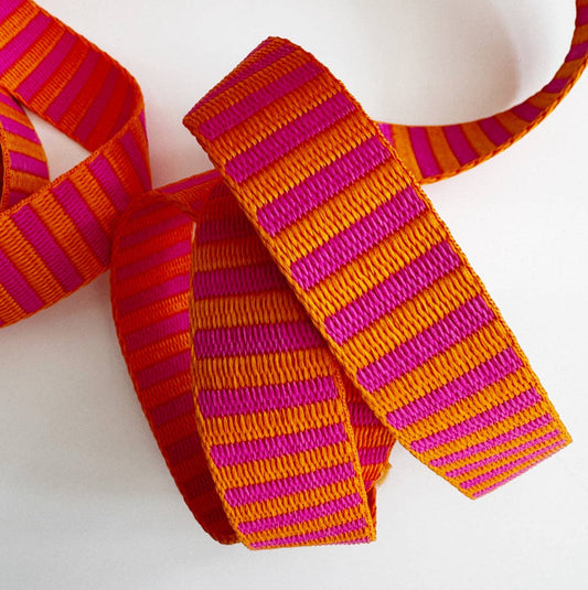 Sew Hungry Hippie Pink Orange Jacquard Woven Stripes Webbing – 1" Wide - By the Yard