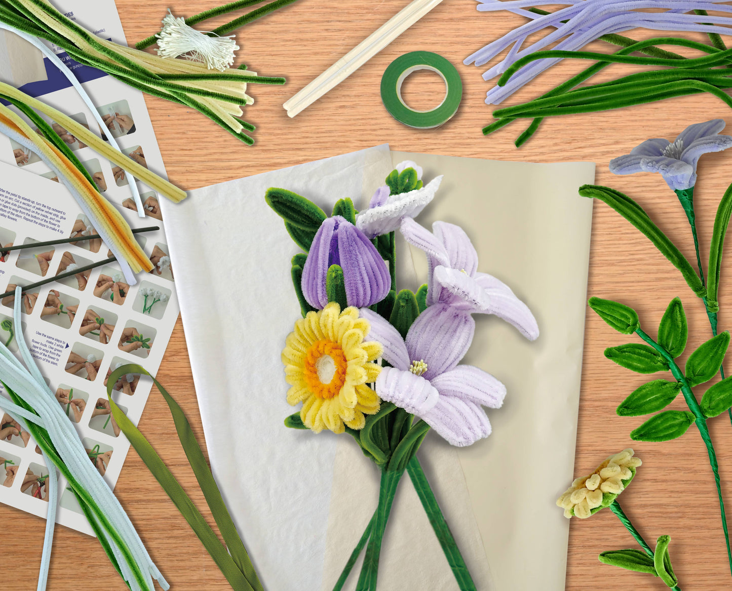 Hands Craft DIY Chenille Flower Bouquet Kit – Yellow & Purple Mix
