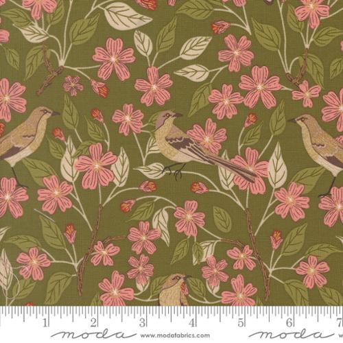 PREORDER - Moda - Gingiber - Ladybug Whimsy - Metallic Blossoms Birds Florals Green - 48441 17M - Ships October 2026