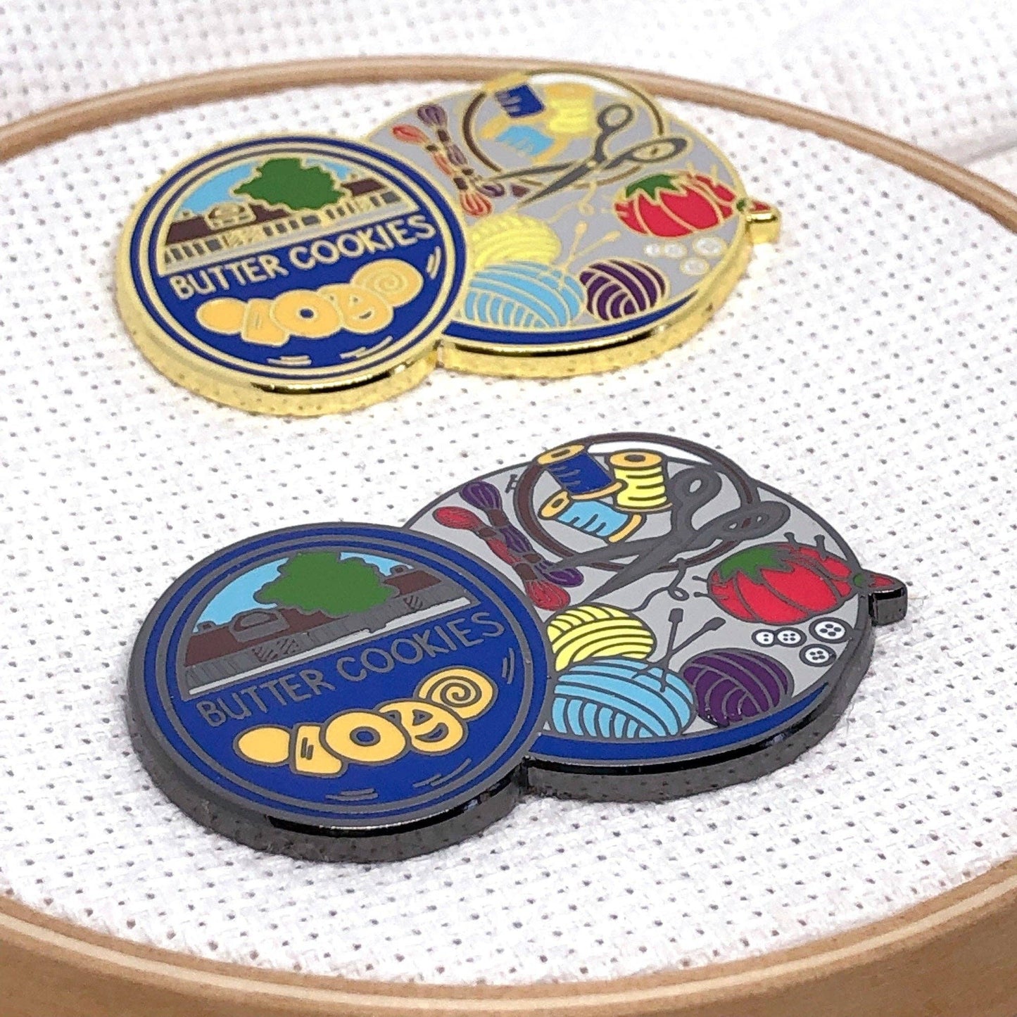 Cookie Tin Full of Sewing Notions Hard Enamel Magnetic Needle Minder - Choose Metal Color!