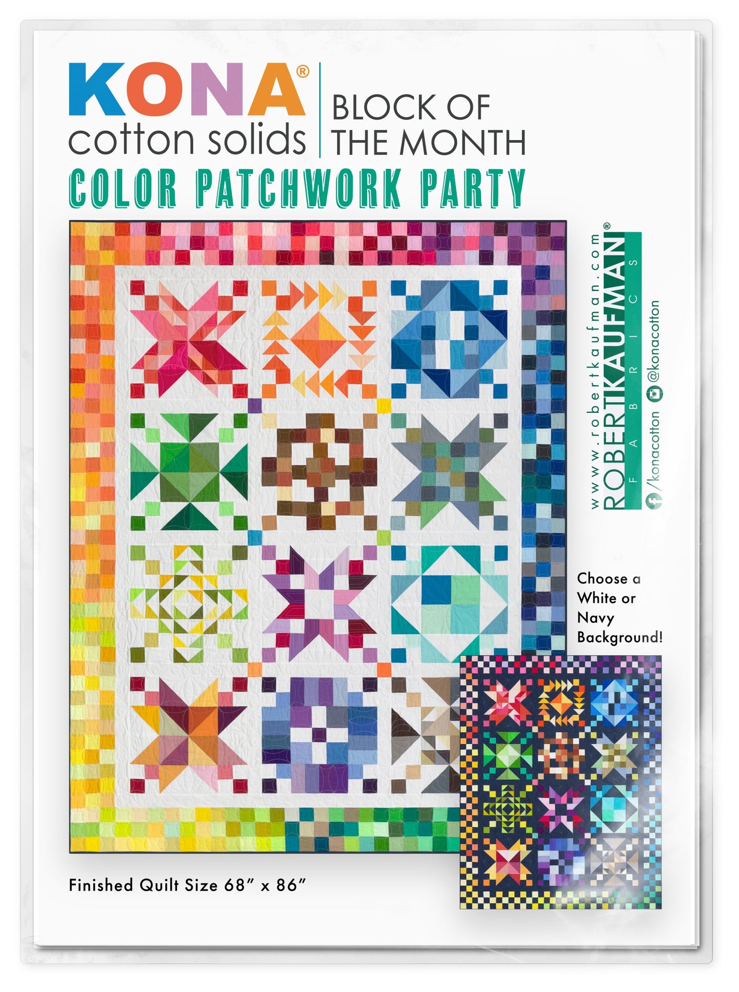 Robert Kaufman - Kona Block of the Month: Color Patchwork Party - Quilt Kit with Patterns - Choose Background Color!