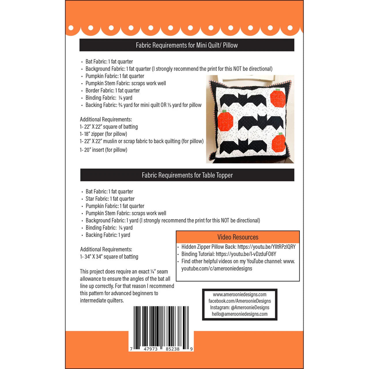Batty Pumpkins Table Topper / Mini Quilt Pattern By Ameroonie Designs