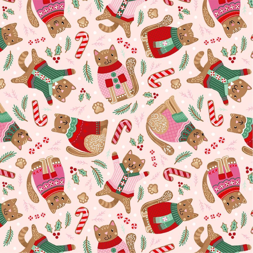 Timeless Treasures - Belle Haus - Ginger Cat Christmas - Gingerbread Cats - BH - CD4200  PINK