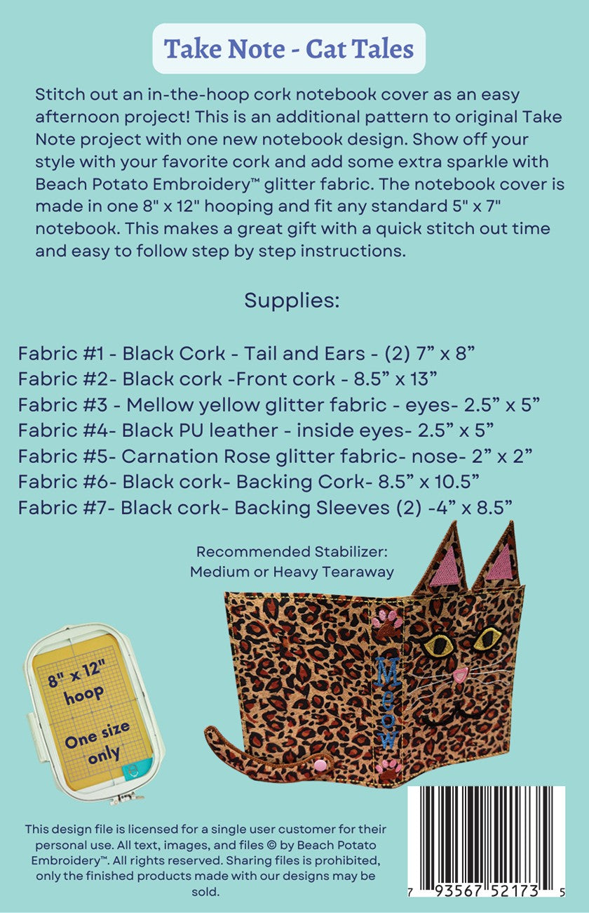 Take Note - Cat Tales Embroidery Pattern By Beach Potato Embroidery