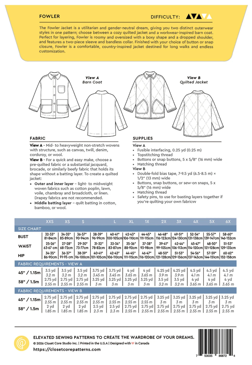 Fowler Barn Coat and Quilted Jacket Pattern By Closet Core Patterns