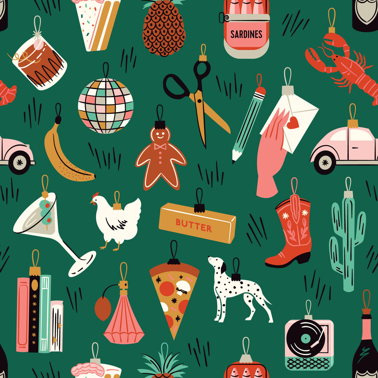 Cloud 9 Fabrics - Shelby Warwood - Merry and Mod - Christmas Holiday Bright Baubles Ornaments on Green - CLN 229161