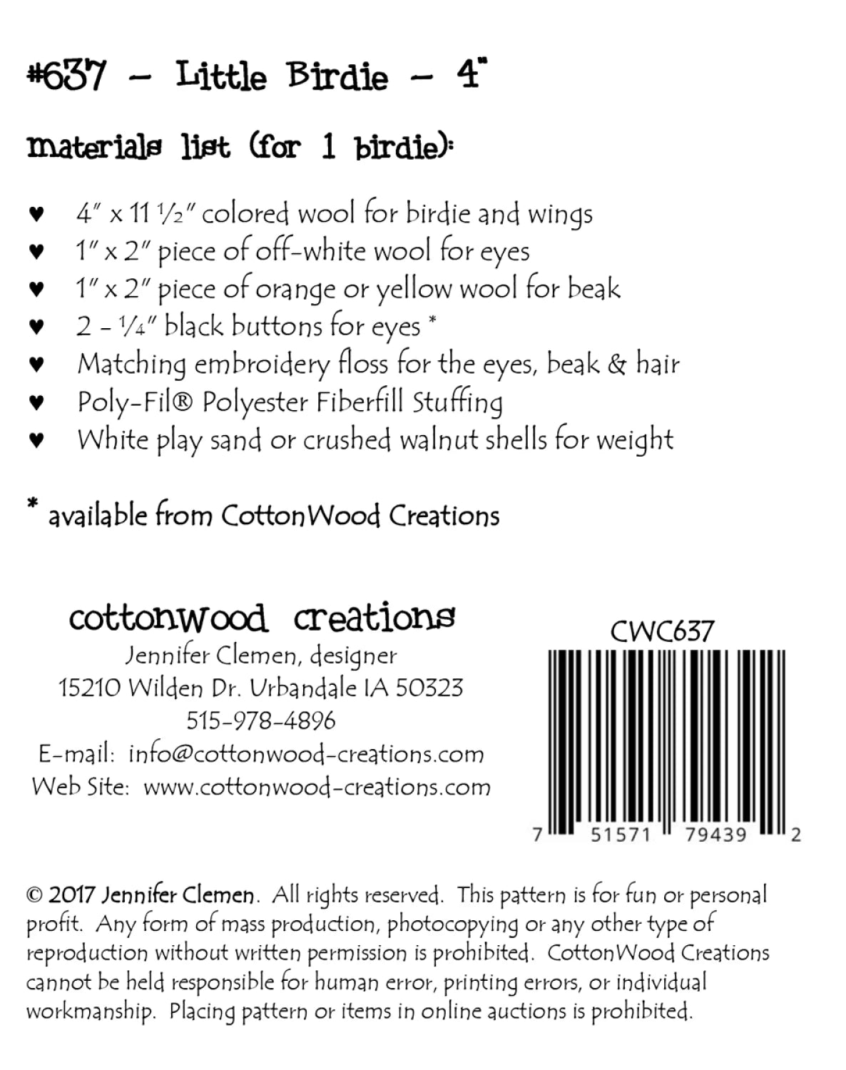 Little Birdie Pattern By Cottonwood Creations