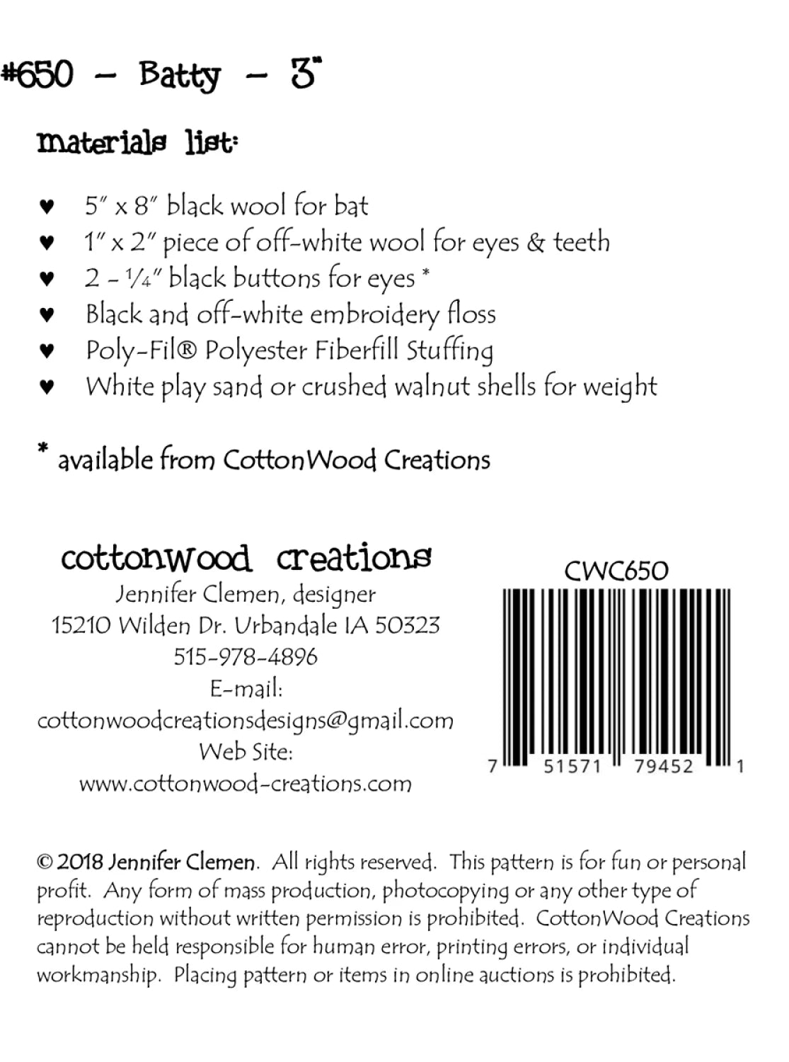Batty Pattern By Cottonwood Creations