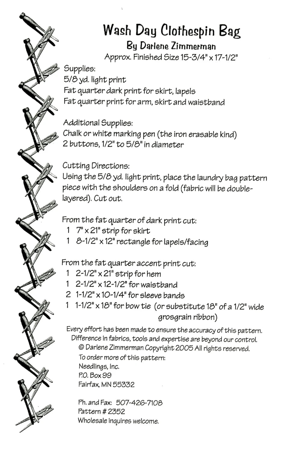 Wash Day Clothespin Bag Pattern By Darlene Zimmerman