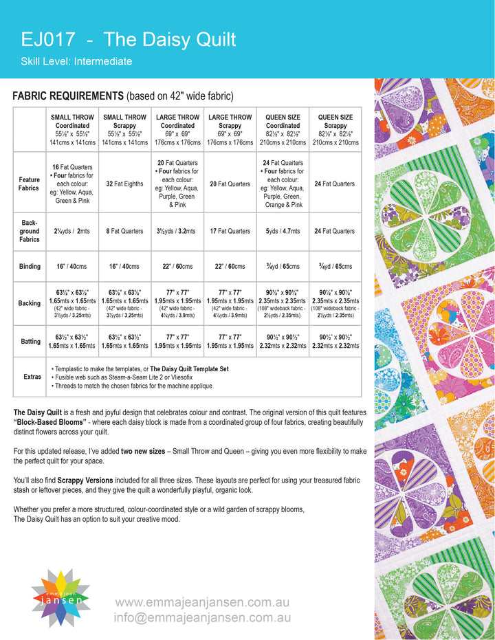 The Daisy Quilt Pattern By Emma Jean Jansen - Acrylic Templates Sold Separately