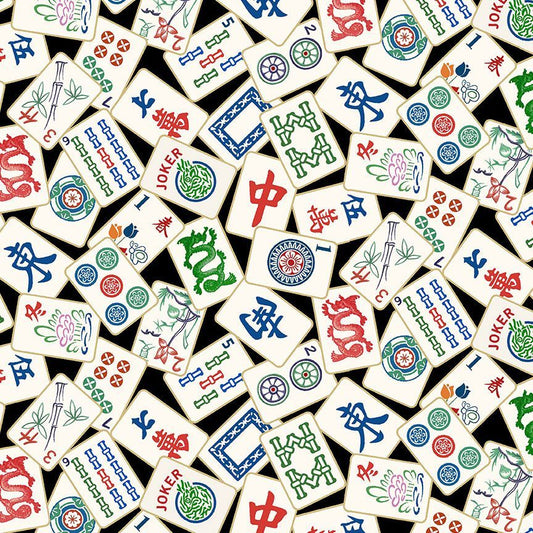 Timeless Treasures - Mahjong Tiles on Black - FUN - CD2741
