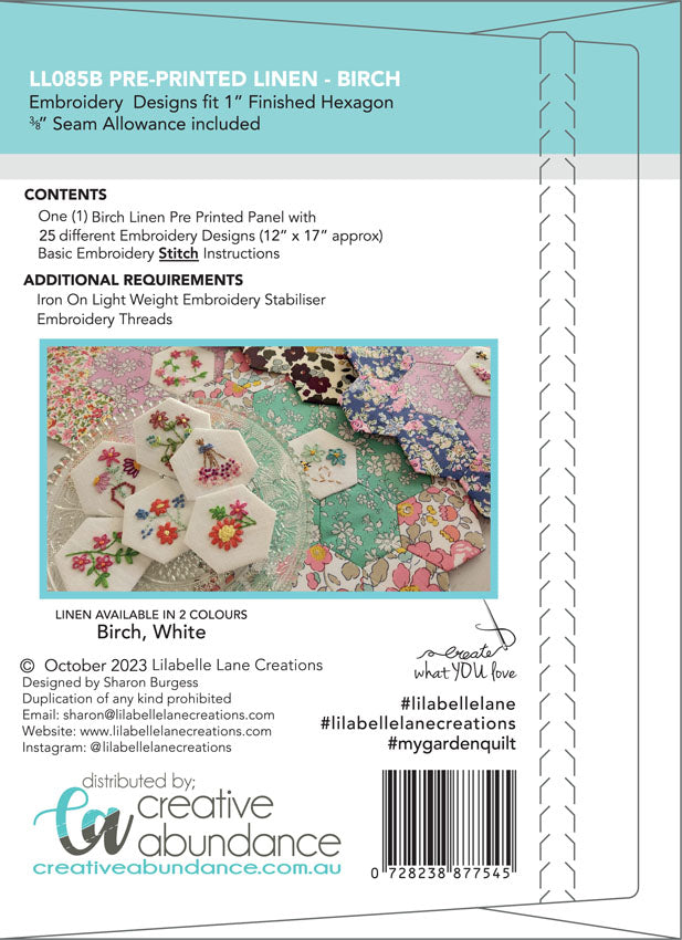 My Garden Embroideries Volume 2 Pre-Printed Linen in Birch By Lilabelle Lane Creations