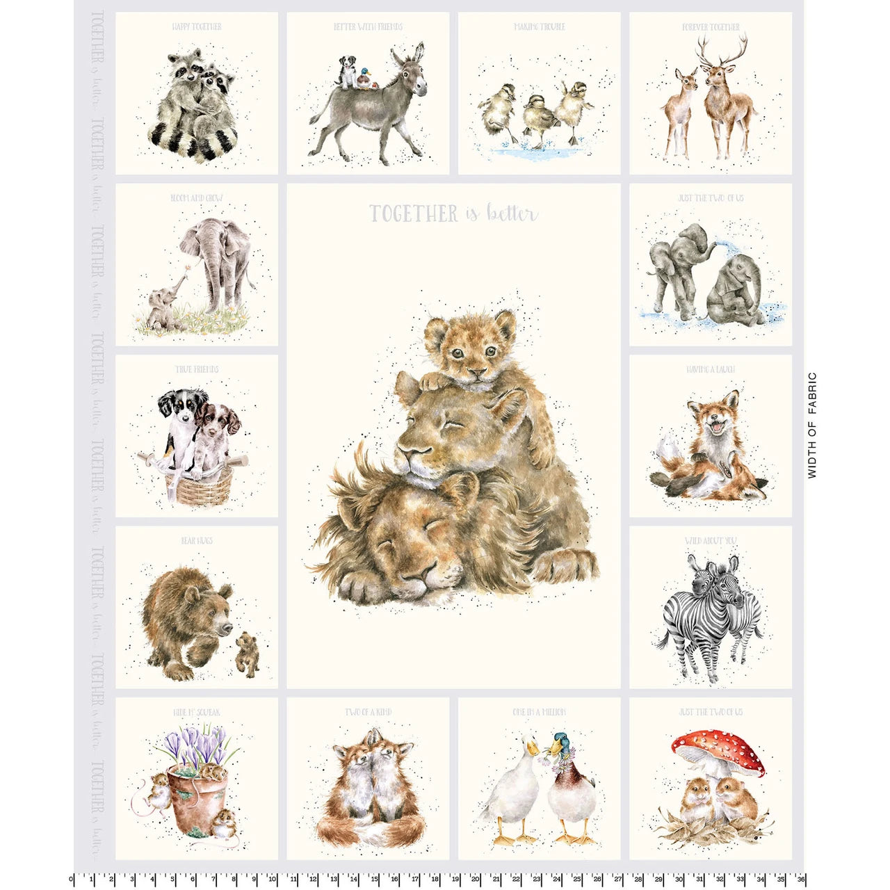 Maywood Studios - Together Is Better - Lions and Animals 36" Soft Gray Panel - MAS11124-K
