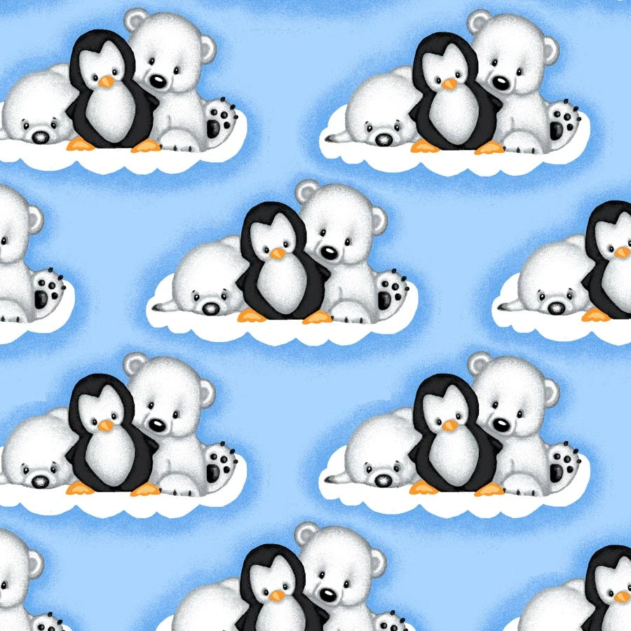 A. E. Nathan - Comfy Prints Flannel - Penguin Polar Bear Seal Friends - N-1055-11 BLUE