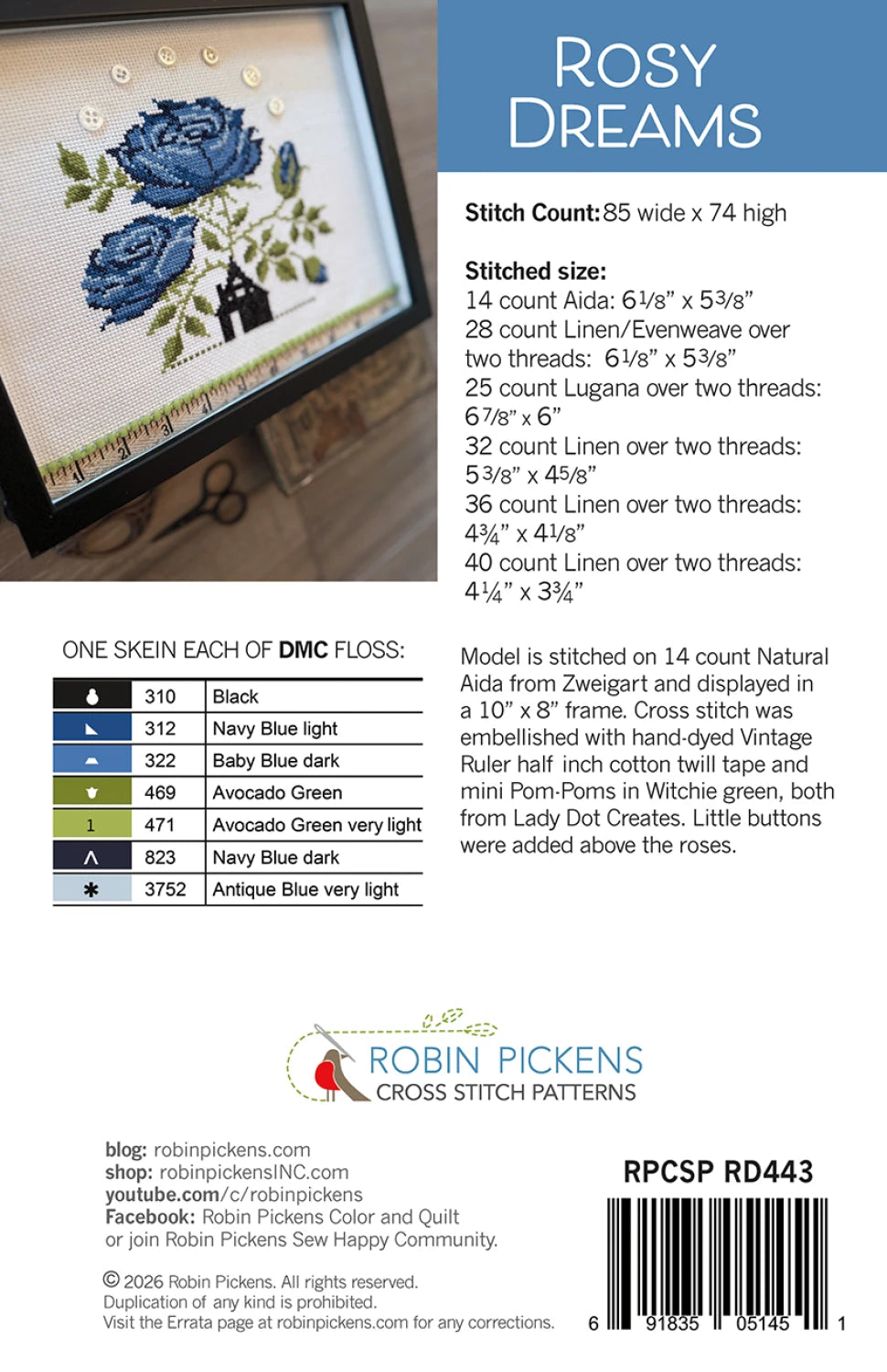Rosy Dreams Cross Stitch Pattern By Robin Pickens