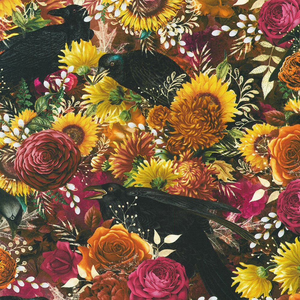 Robert Kaufman - Ravenwood - Ravens on Florals - SRKD-23993-283 EERIE