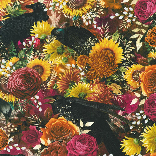 Robert Kaufman - Ravenwood - Ravens on Florals - SRKD-23993-283 EERIE