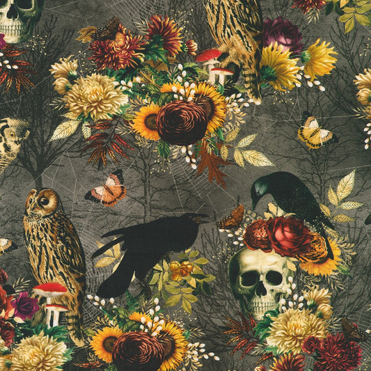 Robert Kaufman - Ravenwood - Ravens / Skulls / Autumn Florals and Foliage - SRKD-23994-304 SHADOW