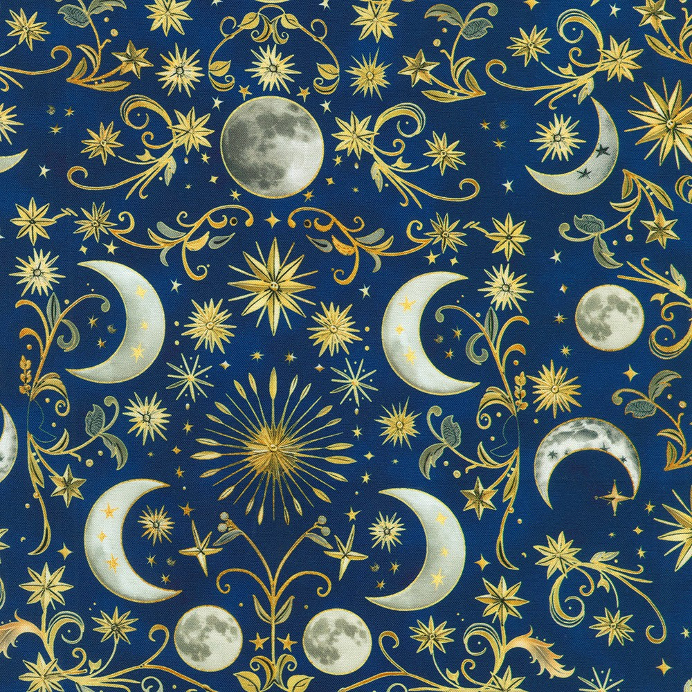 Robert Kaufman - Stardust - Night Sky Moon Phases Stars Gold - SRKD-24101-74 SAPPHIRE