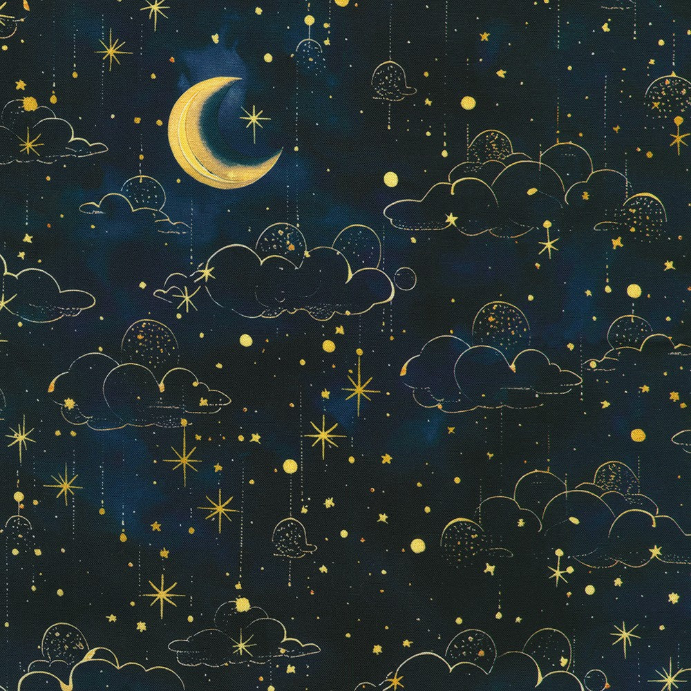 Robert Kaufman - Stardust - Dark Night Sky Clouds Moon Stars Gold - SRKD-24102-69 MIDNIGHT