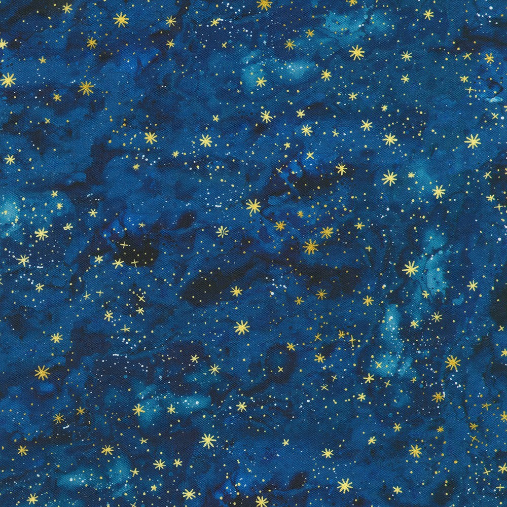 Robert Kaufman - Stardust - Night Sky Clouds Stars Gold - SRKD-24106-74 SAPPHIRE